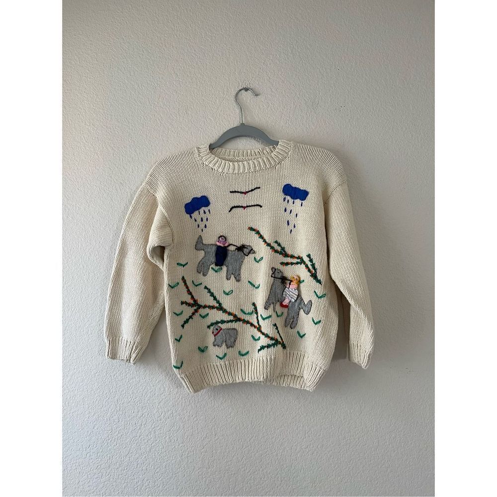 Vintage 80s‎ Hand Knit Peruvian Folk Sweater With Embroidery and 3d designs